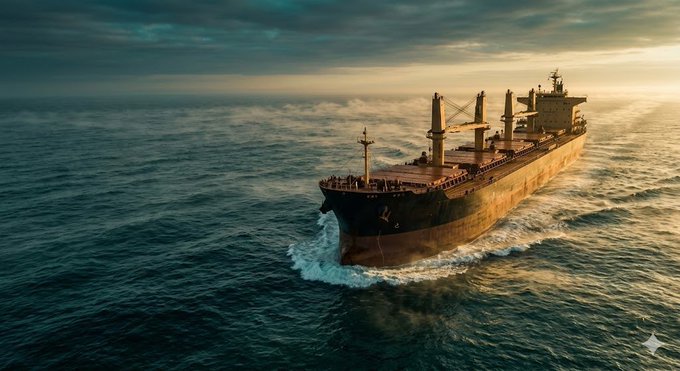 An aerial view of a large cargo ship sailing through ocean waters during a dramatic sunset, with clouds and golden light on the horizon.