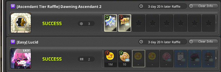 A game screen displaying rewards from 'Dawning Ascendant 2' and 'Lucid' raffles, showing 'SUCCESS' status with various in-game item icons.