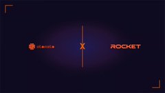 A dark screen with orange/red graphics showing a rocket icon and the text 'ROCKET' next to a vertical line with an 'X' marker.