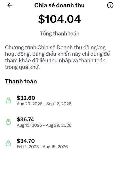A revenue sharing screen in Vietnamese showing total payment of $104.04, with a note that the program has ended, listing past payments including $32.60, $36.74, and $34.70.