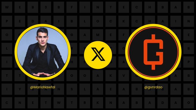 A promotional graphic for a Twitter/X collaboration between @MarioNawfal and @gvrndao features their profile images flanking a central X logo, with the GVNR cryptocurrency coin displayed on the right. The image ties into the post by introducing GVNR, a permissionless lending protocol that allows users to borrow against their Bitcoin holdings, complementing the announcement about UCD (unlocking Bitcoin's liquidity potential).