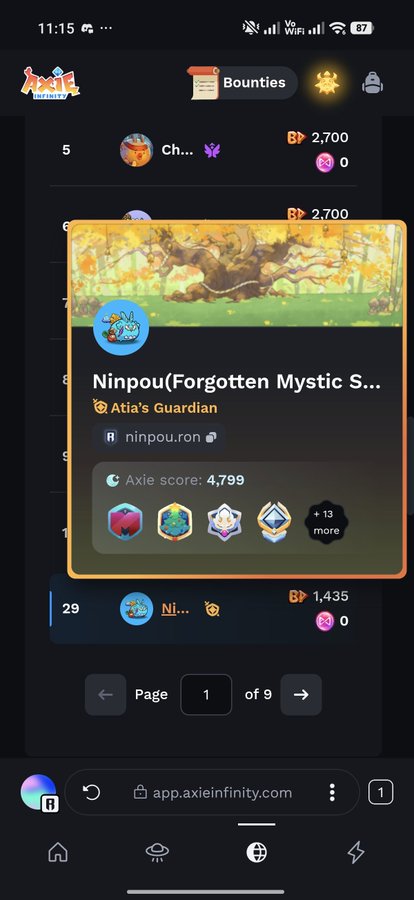 A screenshot from the Axie Infinity game showing an Axie named "Ninpou (Forgotten Mystic S...)" with an Axie score of 4,799 and the class "Atia's Guardian."