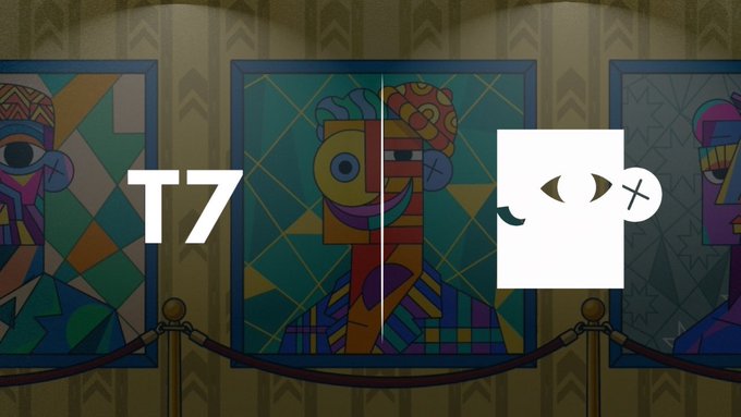 The image features a painting of a person with a face that has been cut off at the eyes, creating an abstract representation of the individual's facial expression. The painting is displayed behind a rope barrier, suggesting that it may be part of an art exhibit or a similar setting. Below the painting, there are two lines of text: "T7" and "T7 Raffle". These texts indicate that this artwork is being sold for $10,000 and that there is a raffle going on where people can win the painting if they purchase tickets.
