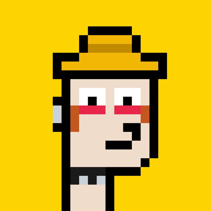 A pixel-art character with a tan hat, pale skin, and blushing pink cheeks is depicted against a solid yellow background.