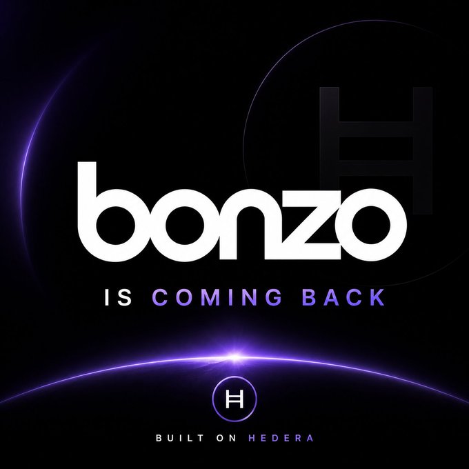 The image is a promotional graphic with a dark, cosmic-themed background featuring purple light accents and the text "bonzo IS COMING BACK" prominently displayed, along with a circular "H" logo and the tagline "BUILT ON HEDERA." It visually reinforces the post's announcement of Bonzo Finance's progress toward relaunch following the July exploit, with the "coming back" message signaling recovery and the Hedera branding confirming its blockchain platform.