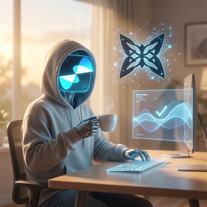 A hooded robot with a glowing cyan visor holds a coffee cup while working at a computer displaying data charts, with a glowing butterfly symbol hovering nearby.