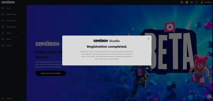 A webpage screenshot for "SAND BOX Studio" displays a pop-up message stating "Registration completed" with a description about an AI game engine, set against a dark blue background with a "BETA" banner.
