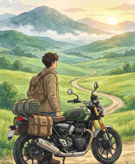 An illustrated scene showing a young man with a backpack standing beside a green Triumph motorcycle equipped with saddlebags, overlooking a winding dirt path through green rolling hills and mountains at sunset.