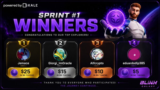 A 'SPRINT #1 WINNERS' graphic from Blind Galaxy powered by Skale congratulates the top explorers Jemace ($25), Giorgi_ImOracle ($15), Alfcrypto ($10), and eduardodlp385 ($5) in BG tokens.