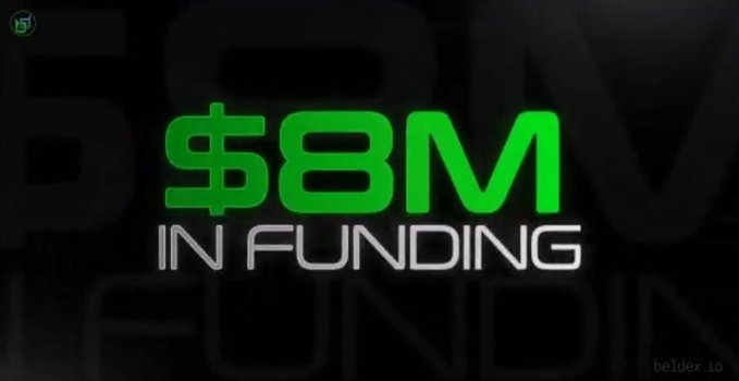 Bold green and white text announces '$8M IN FUNDING' with the beldex.io logo in the corner.