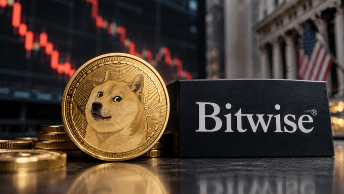A gold Dogecoin coin sits next to a black "Bitwise®" branded box, with a red stock chart and an American flag visible in the blurred background.