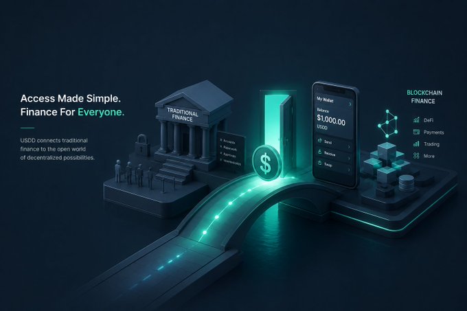 A promotional banner for USDD stablecoin reads 'Access Made Simple. Finance For Everyone.' showing traditional and blockchain finance connected by a bridge with a phone displaying a $1,000.00 wallet balance.