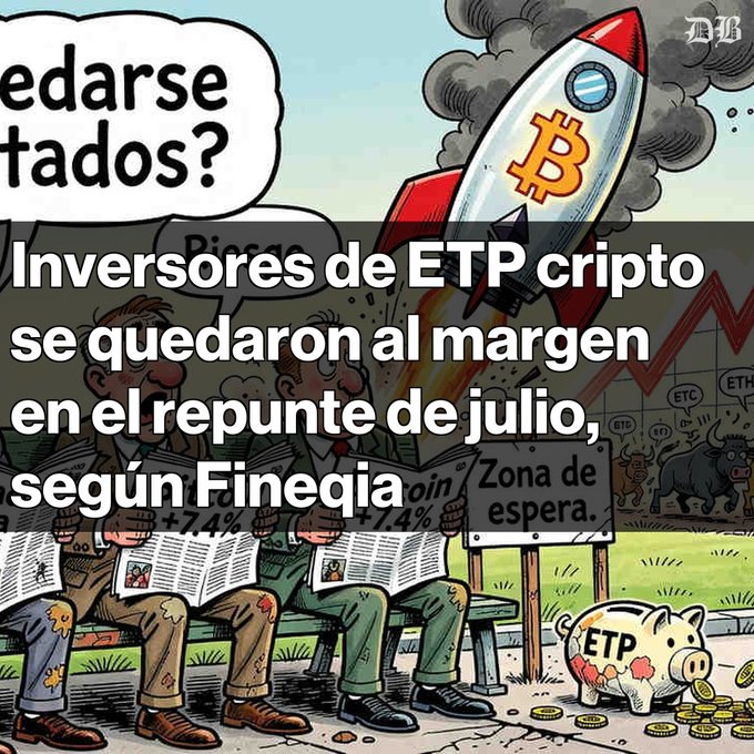 A Spanish-language crypto news graphic showing a Bitcoin rocket and the headline 'Inversores de ETP cripto se quedaron al margen en el repunte de julio, según Fineqia,' alongside a piggy bank labeled 'ETP.'