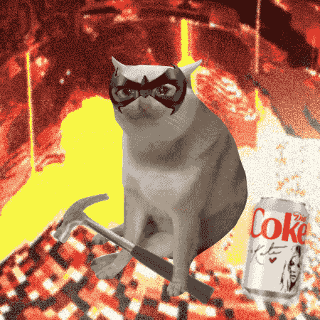 A surreal digital artwork features a cat with dark makeup holding a pickaxe next to a 'Coke' can against a grainy red and yellow background.