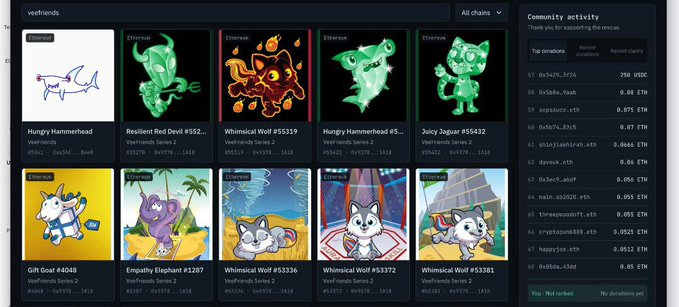 A screenshot of an NFT marketplace called 'veefriends' displaying various digital art cards including 'Hungry Hammerhead', 'Resilient Red Devil', 'Whimsical Wolf', 'Juicy Jaguar', 'Gift Goat', and 'Empathy Elephant' with Ethereum prices in ETH, alongside a leaderboard showing top donations in USD.
