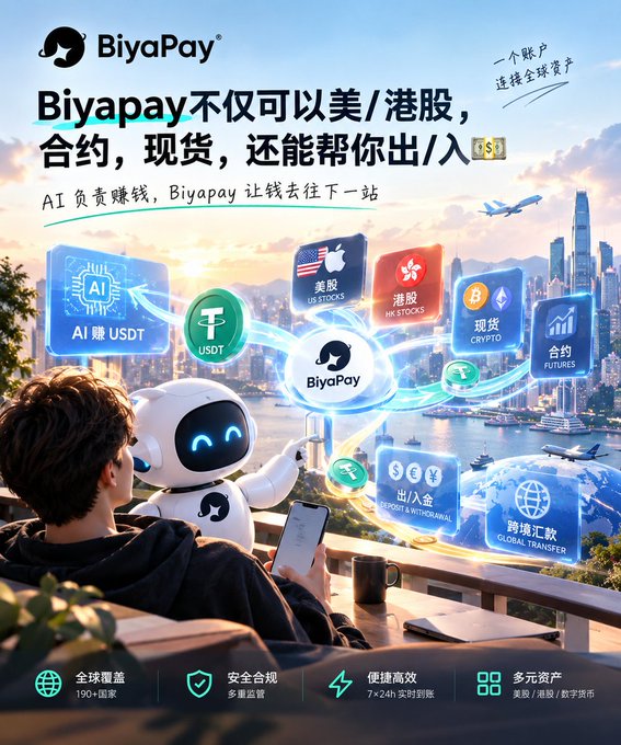This promotional image for BiyaPay showcases a person relaxing with a friendly AI robot companion against a city skyline, highlighting the platform's tagline "AI负责赚钱，Biyapay让钱去往下一站" (AI handles making money, Biyapay takes the money to its next destination). The visual emphasizes BiyaPay's diverse offerings including US stocks (US STOCKS), Hong Kong stocks (HK STOCKS), spot crypto trading (现货 CRYPTO), futures contracts (合约 FUTURES), AI 赚 USDT, deposits/withdrawals (出入金), and global transfers (跨境汇款). The accompanying post discusses BiyaPay's role in enabling AI Agents to earn and manage USDT across multiple asset classes, directly tying the image's AI-and-finance theme to conversations about AI-driven autonomous earning.