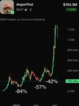 A chart from 'dogwifhat' ($WIF) token shows a price at $194.3M with a 0.3% increase, displaying historical drops of -84%, -57%, and -42% before a current price of 195.08m. The chart tracks from 2024 through February and March.