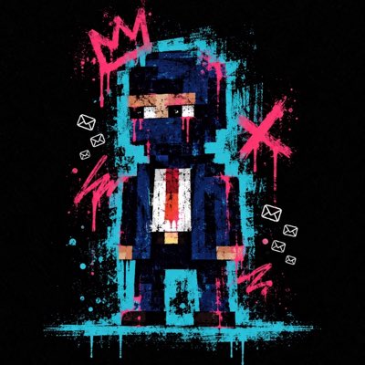 A pixel-art style digital illustration of a figure in a blue suit with red accents, a crown, and a red tie, set against a black background with pink paint splatter effects and envelope icons.