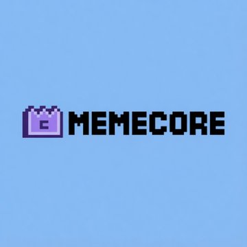 A pixel-art logo featuring a purple crown-shaped icon next to the text "MEMECORE" is displayed on a light blue background, serving as branding for the MemeCore project discussed in the post about the $M token's 80% crash and $3B market cap wipeout.