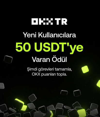 The image displays an OKX TR promotional graphic featuring the OKX TR logo and Turkish text reading "Yeni Kullanıcılara 50 USDT'ye Varan Ödül" (Up to 50 USDT Reward for New Users), with a call-to-action "Şimdi görevleri tamamla, OKX puanları topla" (Complete tasks now, collect OKX points), set against a black background with floating green and gray cubes.

The visual directly supports the post by highlighting OKX TR's welcome campaign offering up to 50 USDT rewards to new users who complete various tasks, emphasizing the multi-step nature of earning rewards rather than a single action.