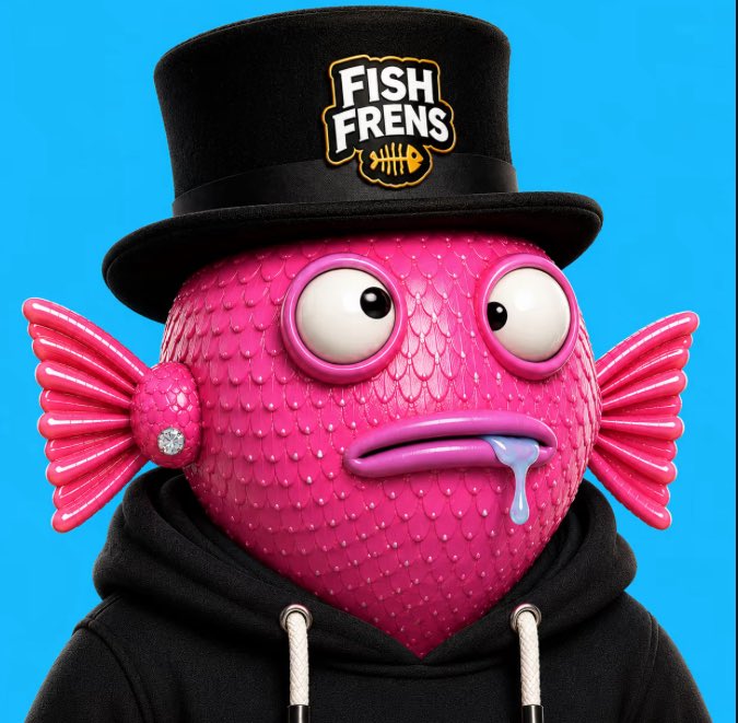 A vibrant pink anthropomorphic fish character with bulging eyes, a drooling mouth, and wearing a black hoodie and top hat, with a "FISH FRENS" logo prominently displayed on the hat. The image promotes the @FishFrens315 NFT collection, embodying the playful, eye-catching, and unconventional PFP style highlighted in the post about Robinhood Crypto's colorful new NFT offerings.