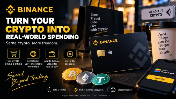 A Binance promotional advertisement reading 'TURN YOUR CRYPTO INTO REAL-WORLD SPENDING' with text 'Spend Beyond Trading', featuring a Binance card, cryptocurrency coins, and details about accepting crypto at 90M+ merchants worldwide.