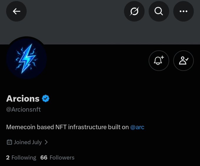 A Twitter/X profile page for 'Arcion' (@Arcionsnft), a verified account describing itself as 'Memecoin based NFT infrastructure built on @arc' with 66 followers.
