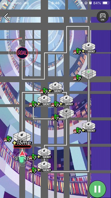 A screenshot of a mobile game level map with a purple and blue geometric design, showing a path from 'START' to 'GOAL' with various socket/node checkpoints and game UI elements at the top.