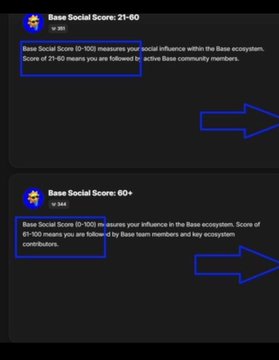 The image shows a social media platform with two posts displayed side by side. The first post has a blue background and contains information about the Base Social Score system. It includes details such as the score's purpose, how to get started, and what is expected from users. The second post features an arrow pointing towards the base airdrop feature of the social media platform. This feature allows users to easily share content by attaching it to a post or image with a simple click. The posts are related to the Base Social Score system, as they provide information about its purpose and how to use it effectively.
