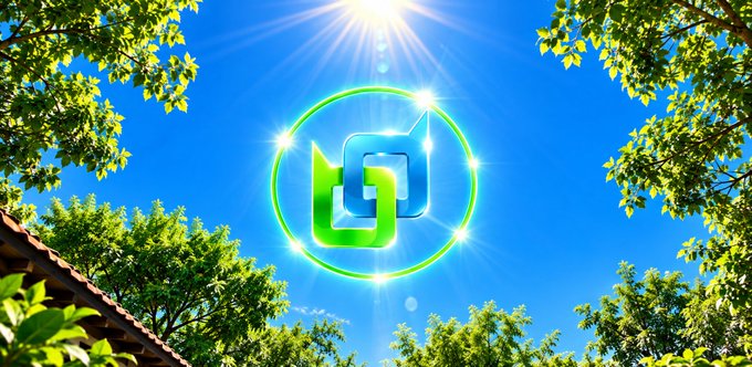 A green and blue LinkedIn logo floats in a bright blue sky above a rooftop and green trees, with the sun shining directly behind it.