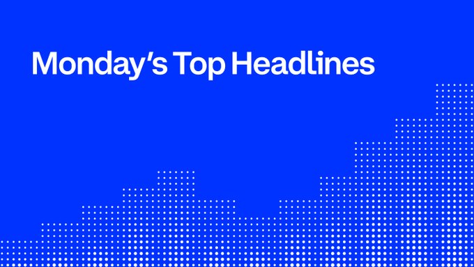 A blue title card reading 'Monday's Top Headlines' with a dotted city skyline graphic on the right side.