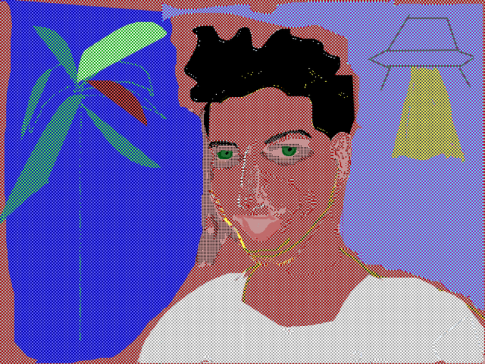 The image features a man with black hair wearing a white shirt, looking at the camera directly. Behind him, there's a plant that has leaves of different colors - green, red, and yellow. The background appears to be blue, which contrasts with the man's white shirt. The image also contains text that reads "Collected on Tezos!".