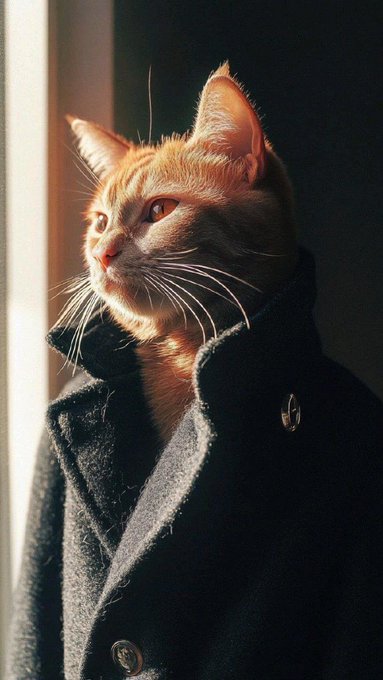 A close-up portrait of an orange tabby cat wearing a dark wool coat, looking off to the side with sunlight highlighting its whiskers.
