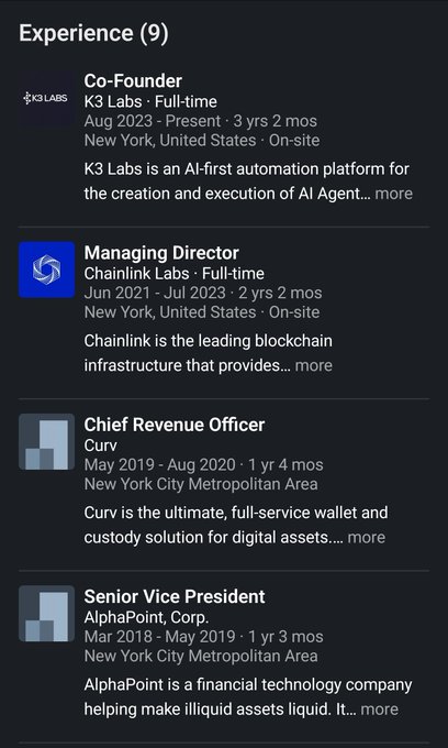 A LinkedIn Experience section showing William Herkelrath's career history, including roles as Co-Founder at K3 Labs (Aug 2023-Present), Managing Director at Chainlink Labs (Jun 2021-Jul 2023), Chief Revenue Officer at Curv (May 2019-Aug 2020), and Senior Vice President at AlphaPoint Corp (Mar 2018-May 2019). The image supports the post by showcasing Herkelrath's impressive background across blockchain and fintech companies, highlighting why he is well-suited to lead Algorand as its new CEO.