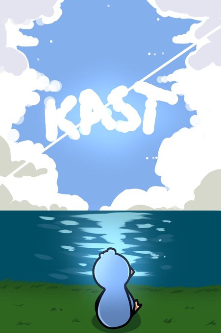llor, a blue penguin, gazes at the ocean from a grassy field under a clear sky with white clouds and the word "KAST" above it.