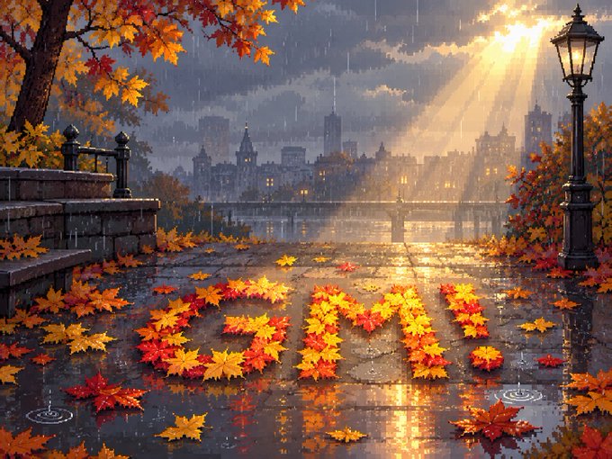 An artistic illustration of autumn maple leaves arranged to spell 'GMI' on a wet city street, with a sunset, rain, city skyline, bridge, and vintage street lamp in the background.