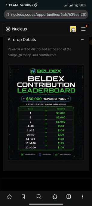 A mobile screenshot of the Nucleus website displaying a 'BELDEX CONTRIBUTION LEADERBOARD' with a $50,000 reward pool and rankings detailing rewards from $3,000 down to $100 for the top 300 contributors.
