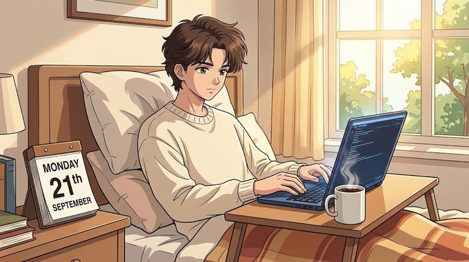 An anime-style illustration of a young man with brown hair working on a laptop while lying in bed, with a bedside calendar showing 'MONDAY 21st SEPTEMBER' and a steaming mug beside him.