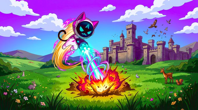 A vibrant digital illustration showing a cartoon-style cat-headed astronaut character with a flaming tail firing a blue energy beam at a fiery explosion in a meadow, with a medieval castle and watching deer and squirrel in the background.