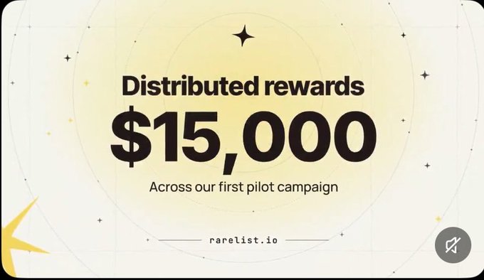 A promotional graphic displaying 'Distributed rewards $15,000 Across our first pilot campaign' from rarelist.io.
