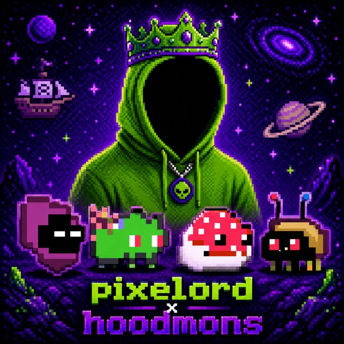 Pixel art promotional graphic for 'pixelord x hoodmons' featuring a hooded figure with a green crown and skull medallion, alongside four pixelated monster characters against a purple space-themed background with a ship, planets, and stars.