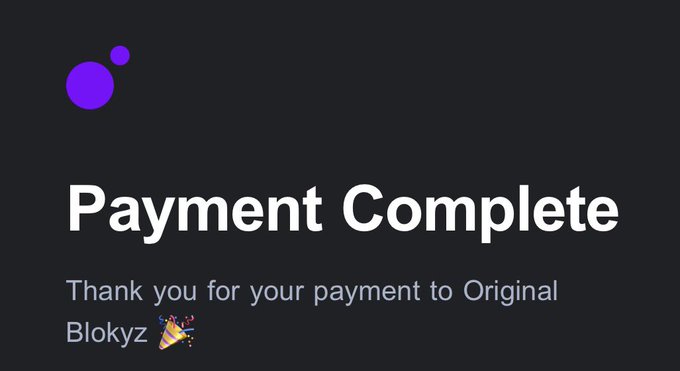 A "Payment Complete" confirmation screen thanking the user for their payment to Original Blokyz, paired with a celebratory post acknowledging helpful community members (@Ukj1111, @RealPapii) and Moonpay for facilitating a successful presale purchase.