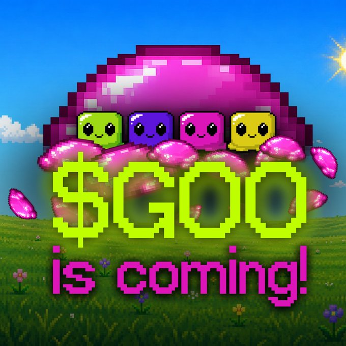 A retro pixel-art graphic with a pink egg hatching four colorful characters, overlaid with neon green text reading '$GOO is coming!' on a grassy field background.