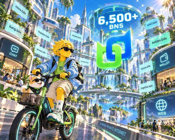 An illustration shows a yellow-haired character riding a bicycle with a Shiba Inu dog, surrounded by floating '.bdx' domain names and a '6,500+ BNS' badge.