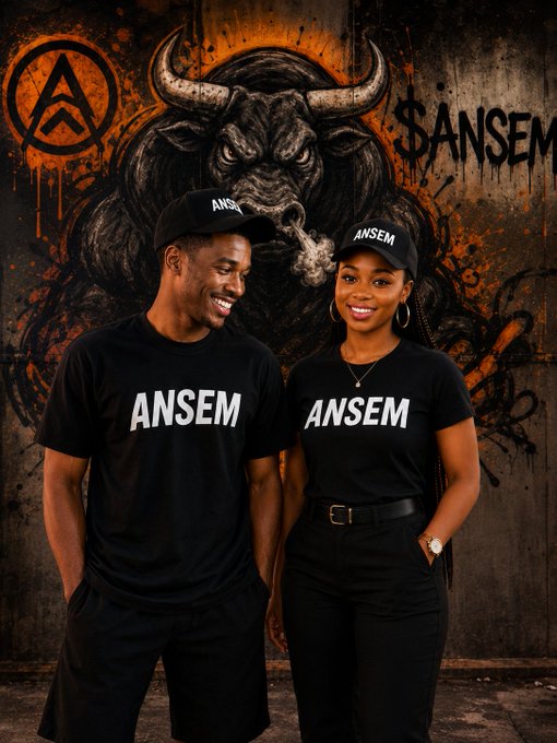 Two people wearing black "ANSEM" t-shirts and caps stand smiling in front of a graffiti-style wall featuring a fierce bull mural and the "$ANSEM" branding, visually reinforcing the post's message about community-driven growth and the bull-themed crypto narrative.