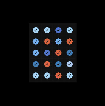 A grid of circular icons with checkmarks in alternating colors of light blue, dark blue, and orange-red against a black background.