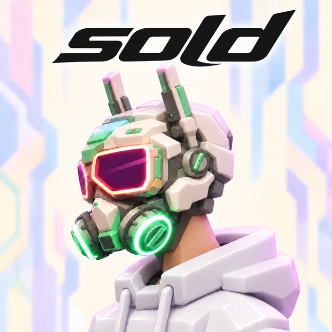 A digital illustration of a character wearing a futuristic white and pink helmet with a pink visor and glowing green accents, with the word "sold" in stylized black text above.