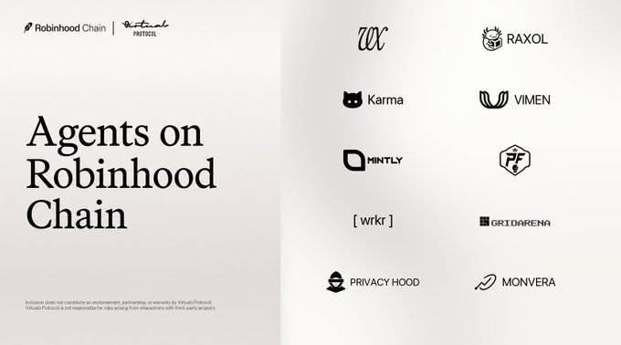 A promotional graphic for "Agents on Robinhood Chain" featuring the Virtuals Protocol logo, displaying logos of partner projects including WC, RAXOL, Karma, VIMEN, MINTLY, FT, WRKR, GRIDARENA, PRIVACY HOOD, and MONVERA, with a disclaimer noting the inclusion doesn't constitute endorsement. The post highlights $WRKR and $ROBA (likely Privacy Hood/Robinh Hood) as featured plays from this Virtuals Protocol ecosystem of agent projects on Robinhood Chain.