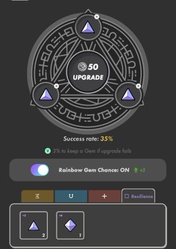 The image shows a screen with various symbols, including stars, triangles, and diamonds arranged around a circle. The text reads "#STEPN" and "#P国端GEMボナンザ". These symbols likely represent different levels or aspects of the game's difficulty settings. The post also mentions that there are 50 upgrade points available for this level, along with an option to choose whether they should be kept as a gem failure, or used to regenerate gems.