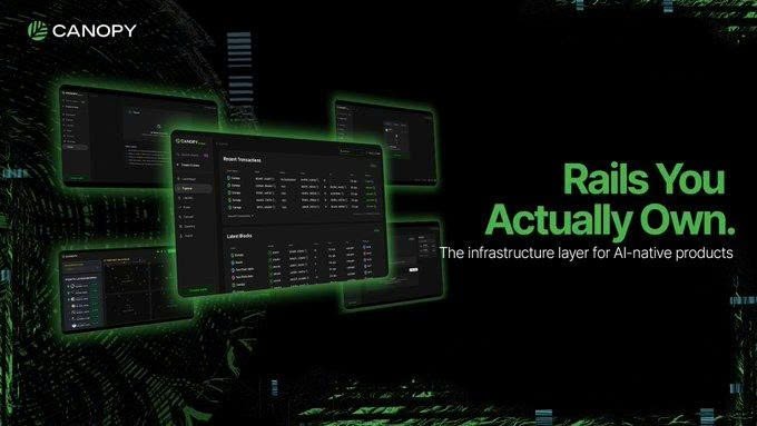 Marketing banner for CANOPY with the tagline 'Rails You Actually Own. The infrastructure layer for AI-native products', featuring glowing green dashboard interface mockups against a dark jungle-themed background.